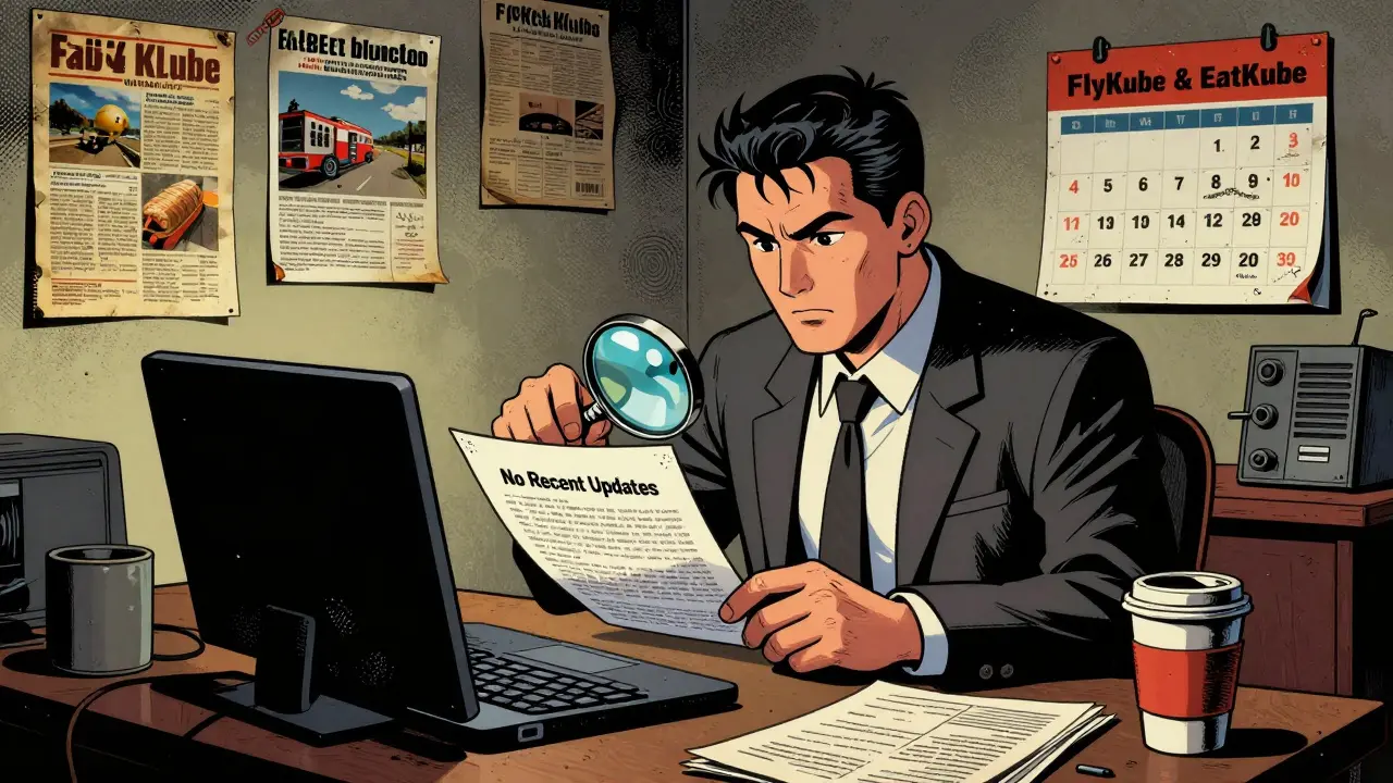 Detective investigating abandoned FlyKube office with expired documents in comic style