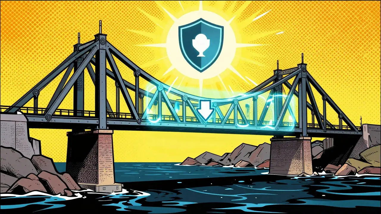 Futuristic hybrid bridge combining solid regulation and holographic tech over a digital chasm.