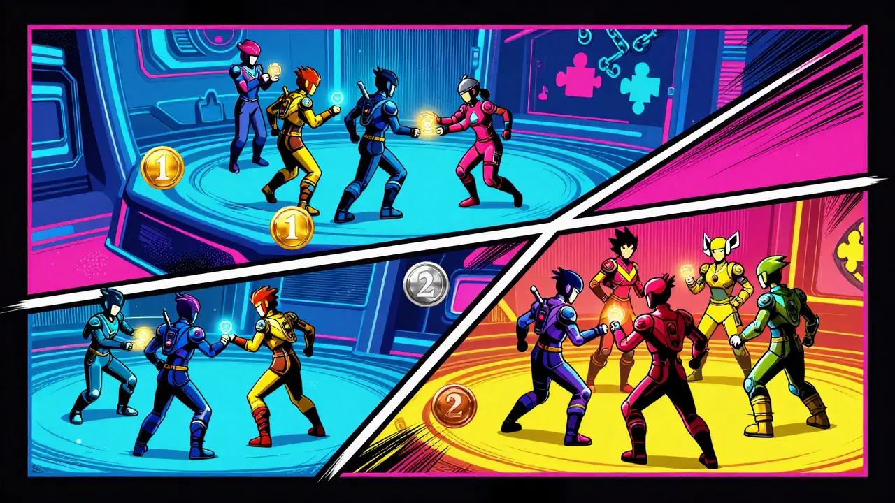 Gaming guilds competing for rewards in vibrant comic book illustration