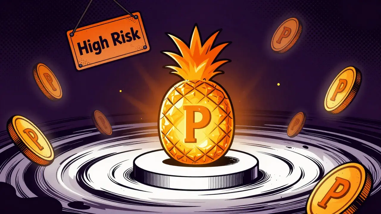 Glowing pineapple token isolated amidst risk warnings and void
