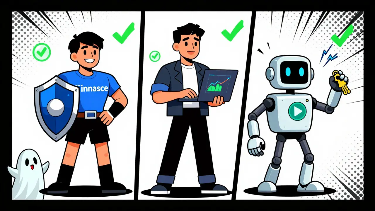 Heroes representing safe exchanges vs defeated scam platform