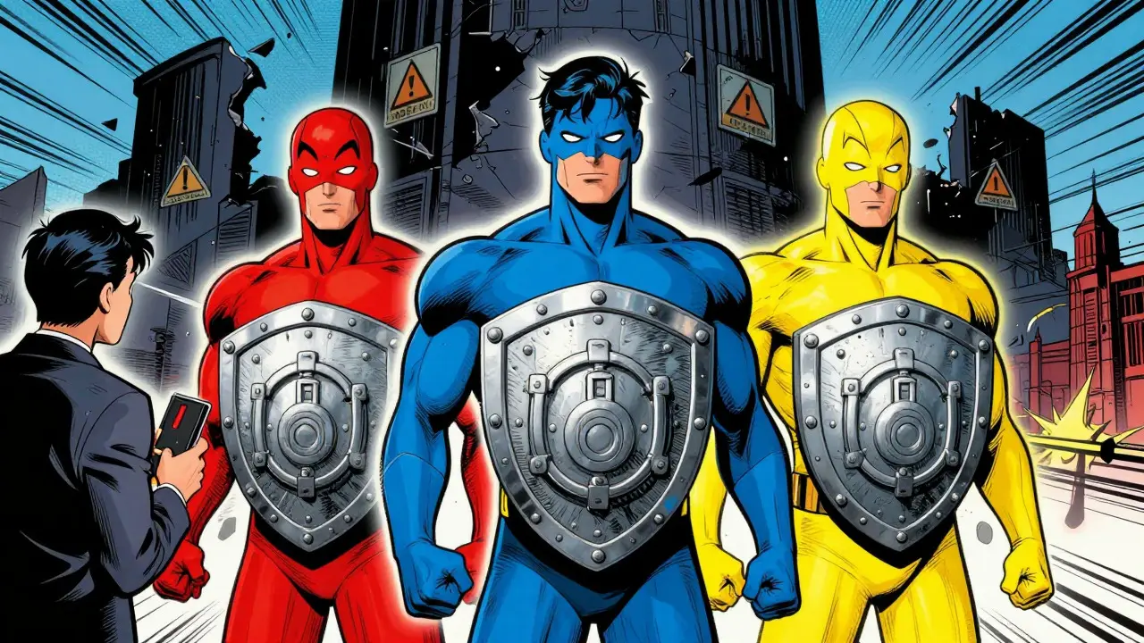 Heroic figures protecting trader from crumbling fraudulent exchange