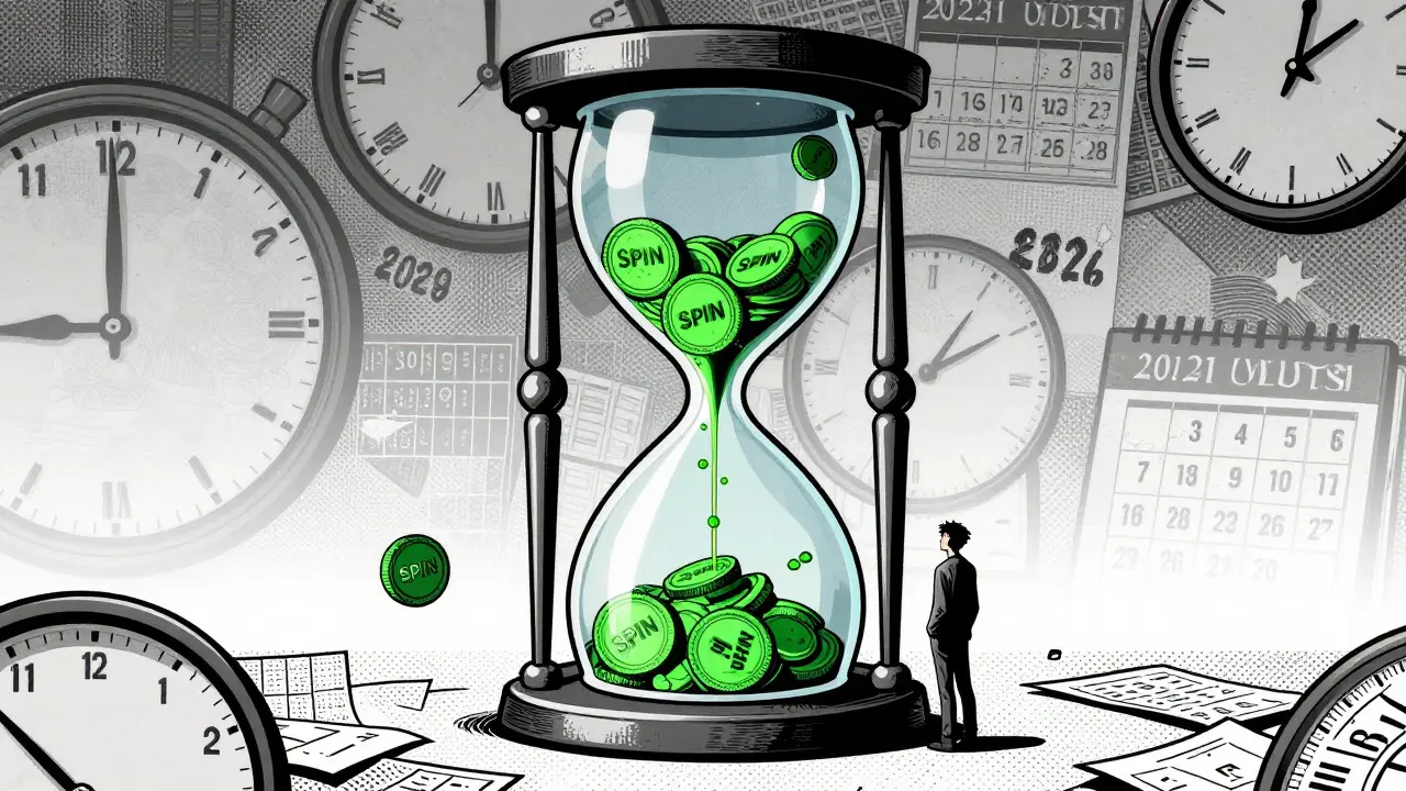 Hourglass with tokens symbolizing vesting schedules in pop art style