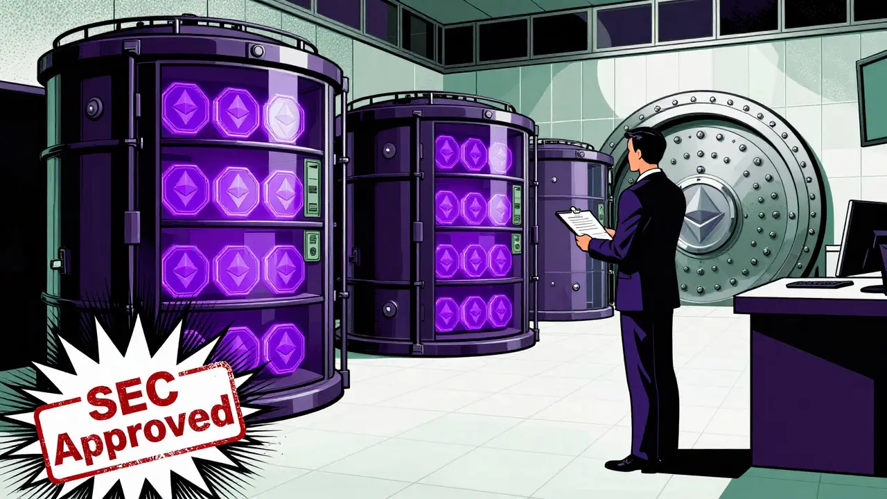 Pop art illustration of secure institutional cold storage for Ethereum assets