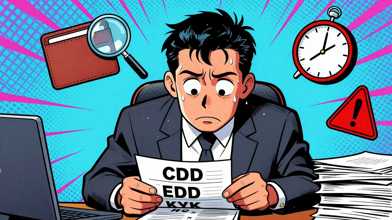 Pop art illustration of stressed officer surrounded by CDD and KYC paperwork.