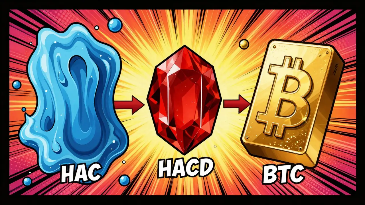 Pop art illustration of three interconnected crypto assets