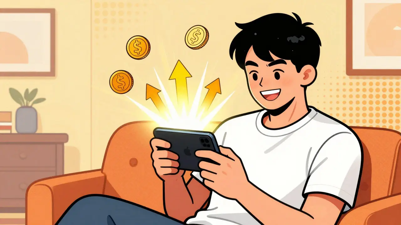 Pop art image of a fan using an app to earn crypto rewards safely.