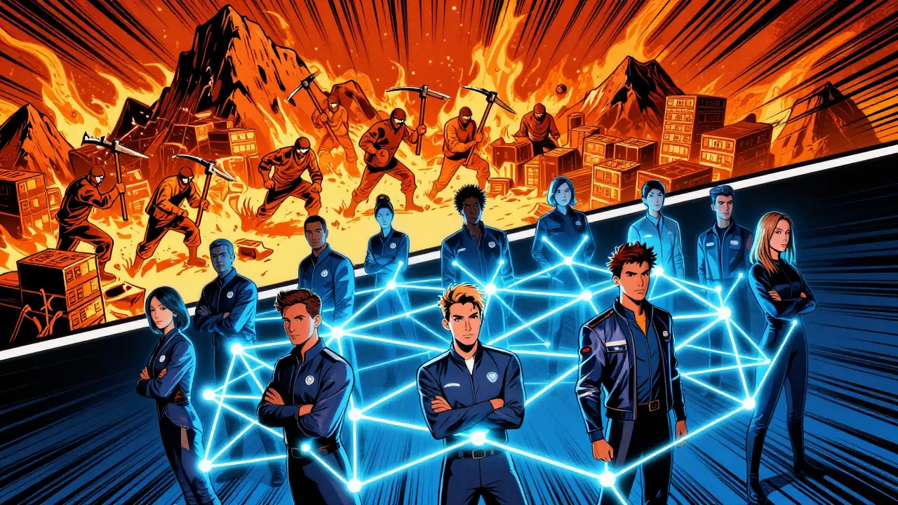 Pop art of validators vs miners in blockchain consensus