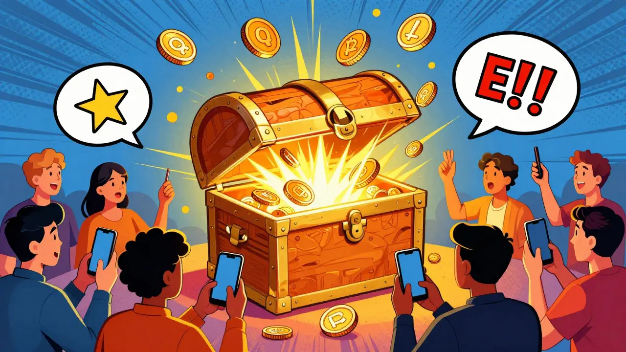 Pop art scene of users celebrating an EQ token airdrop with coins spilling from a chest.