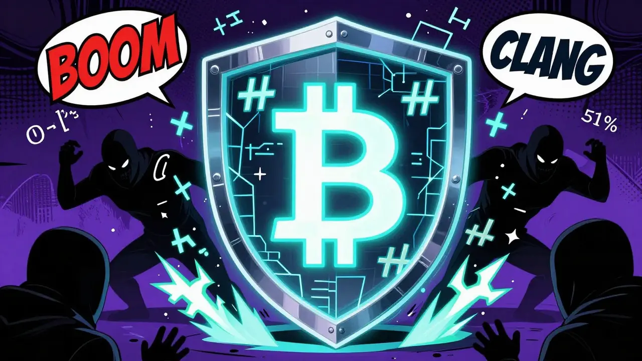 Pop art shield protecting Bitcoin from hackers