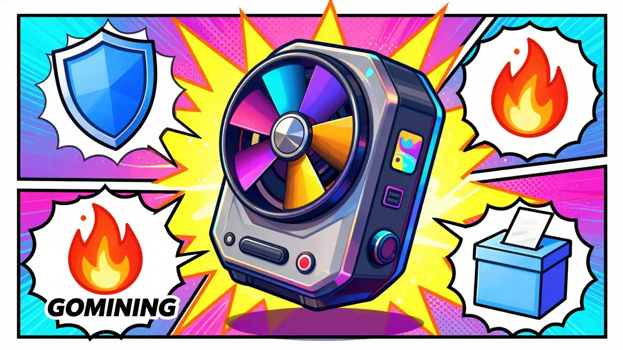 Stylized NFT digital miner with icons for discounts and governance