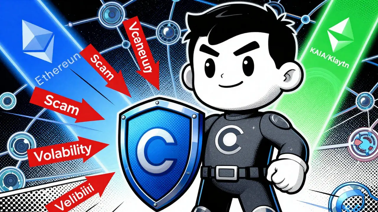 Superhero protecting crypto assets on multiple blockchains in a pop art illustration.