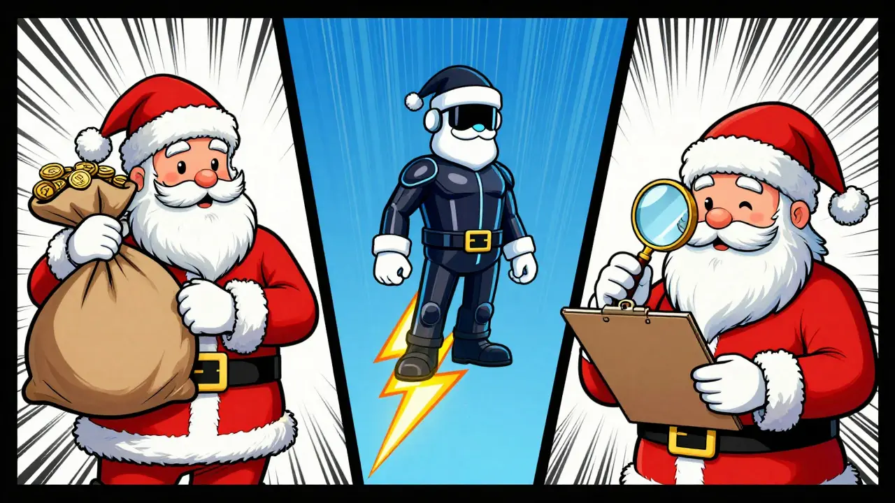 Three comic panel Santas comparing high supply, speed, and verification in pop art style