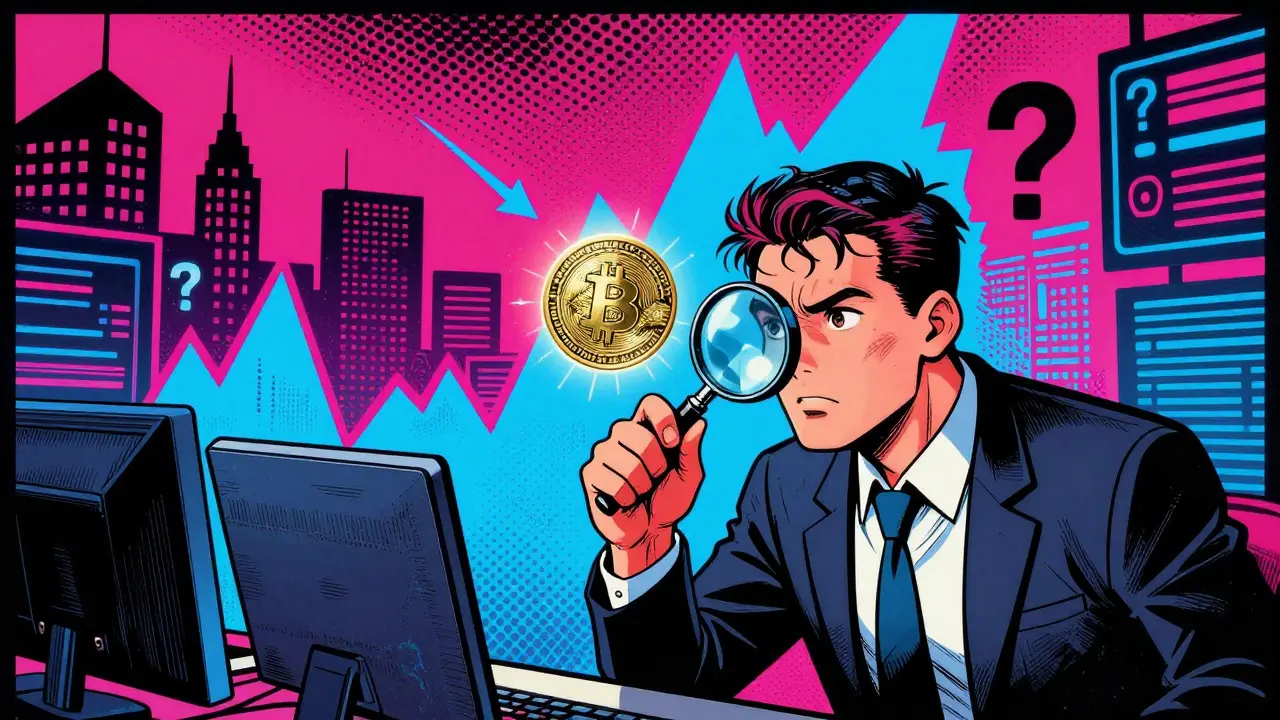 Trader analyzing volatile crypto prices with a magnifying glass in comic book style.