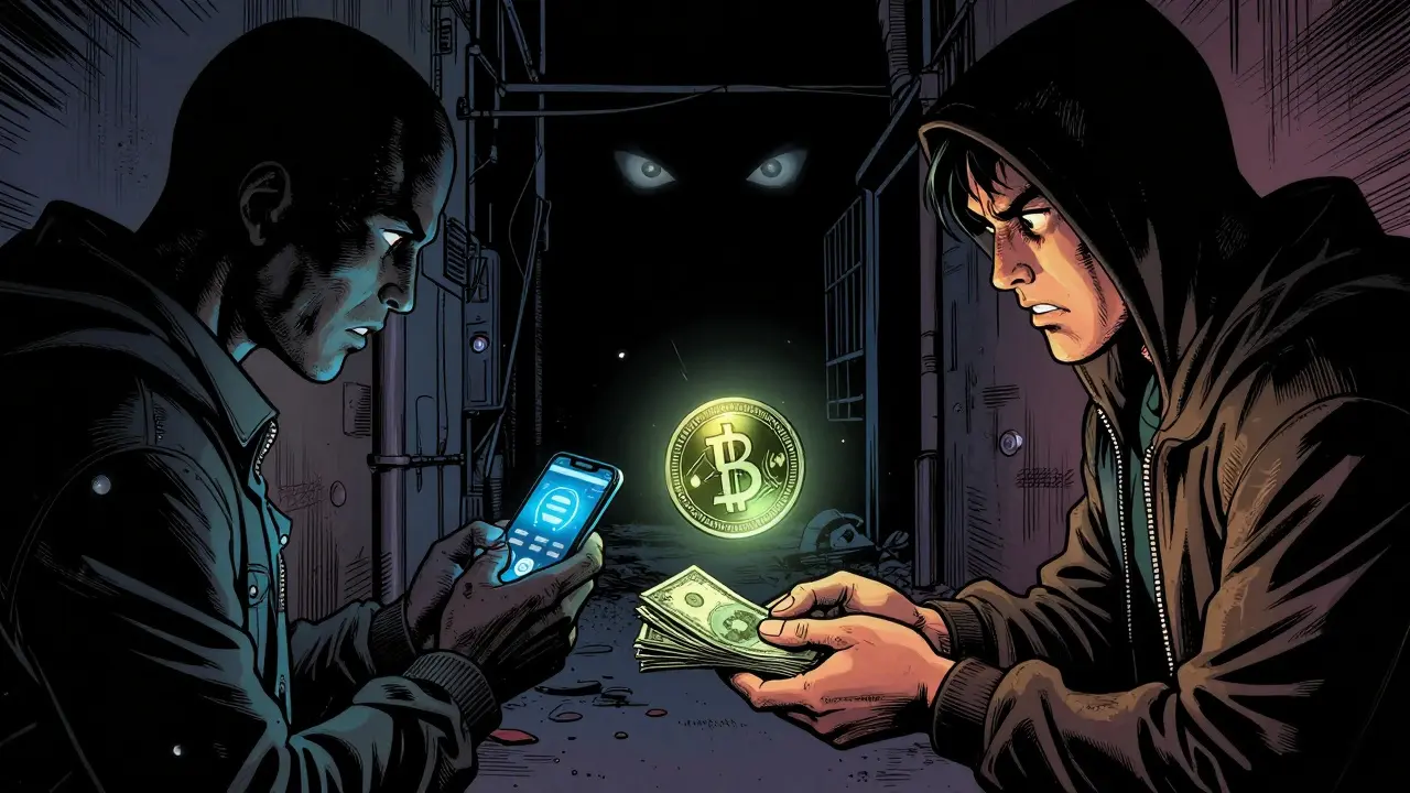 Underground peer-to-peer crypto trade in comic book style
