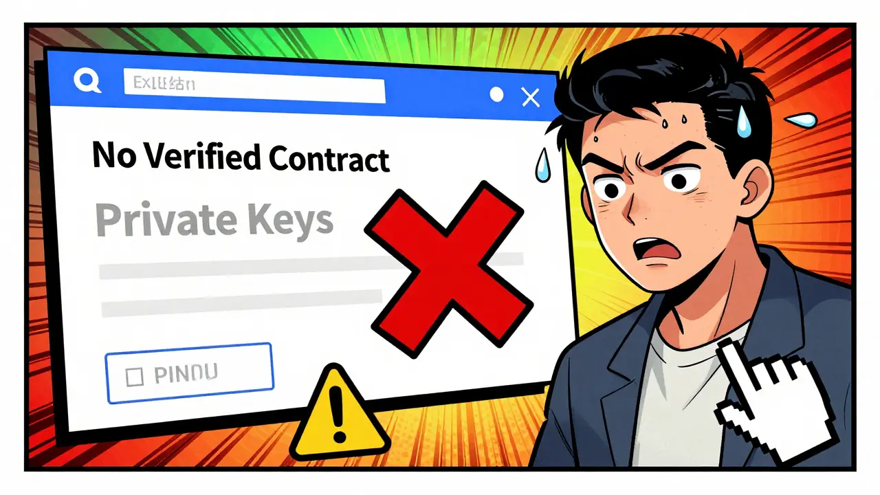 User avoiding phishing trap asking for private keys on fake crypto site in pop art