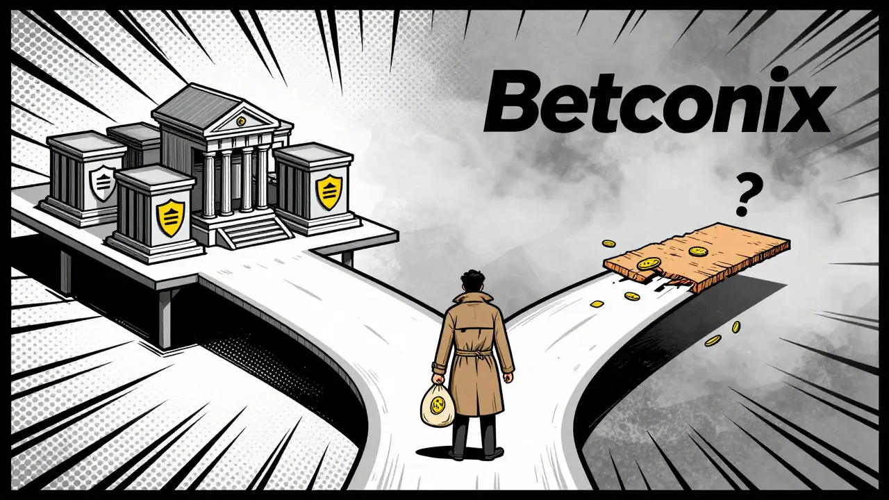 User choosing between safe bridge and risky foggy path with crypto coins
