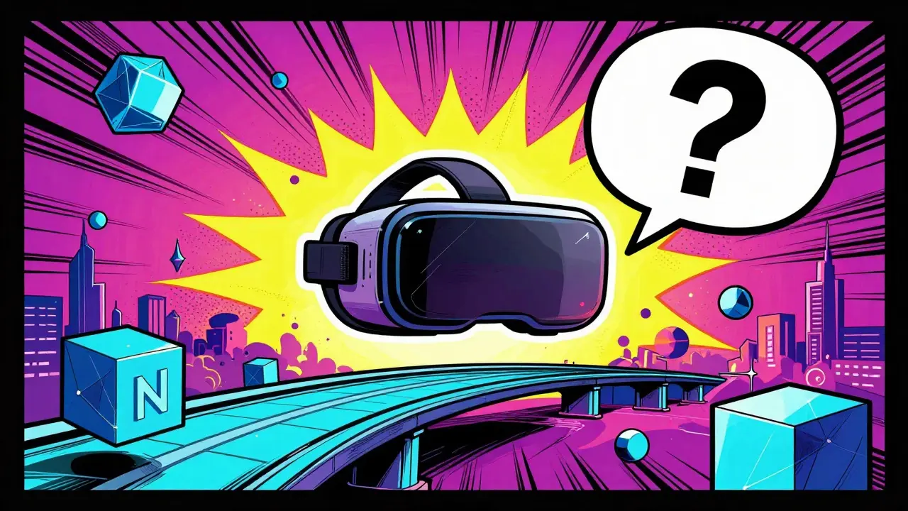 VR headset and NFTs floating in a colorful digital bridge, comic style