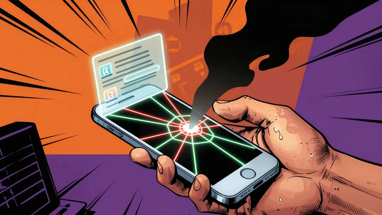 A hand holding a phone connected to a complex web of glowing lines representing crypto security risks