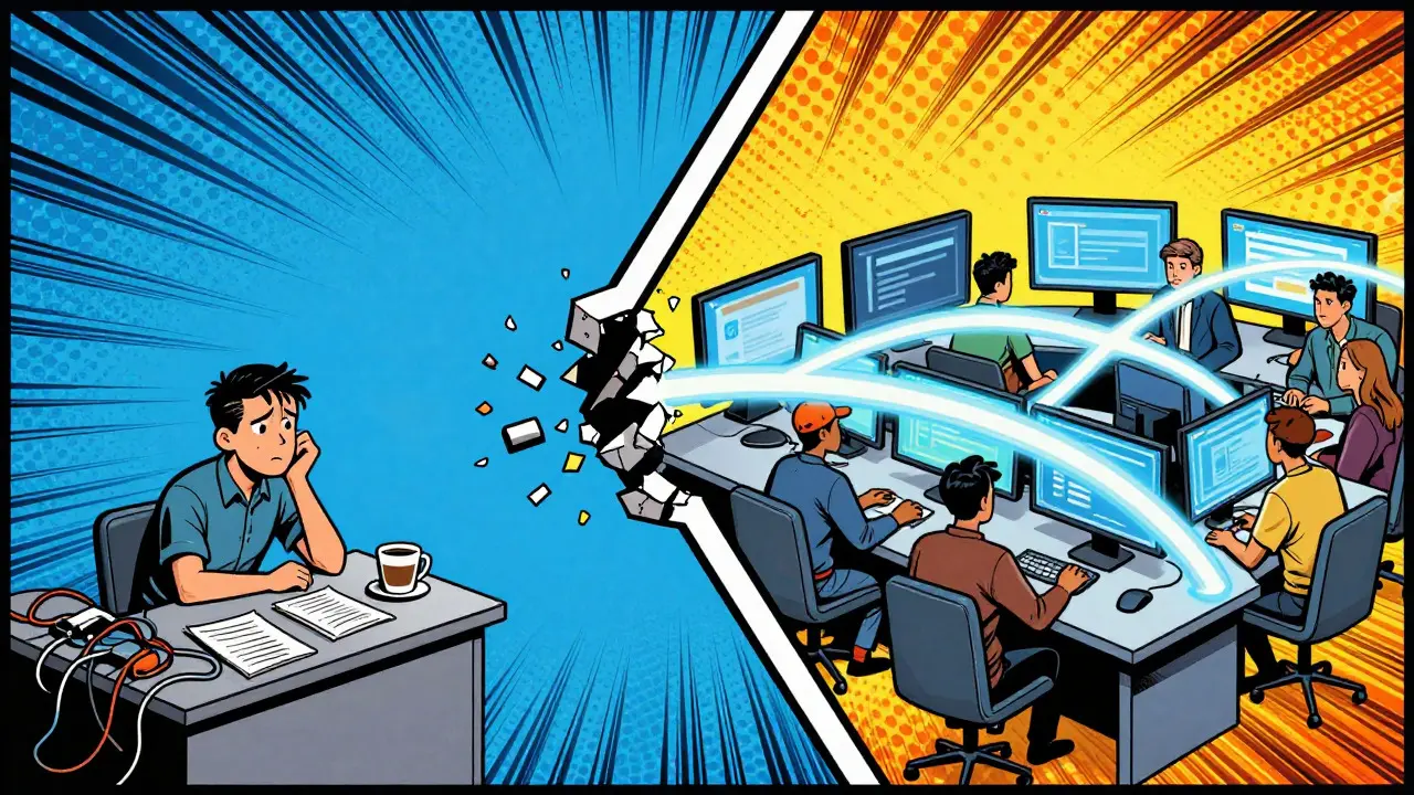 A split view showing a confused trader on one side and a busy trading floor on the other in comic style