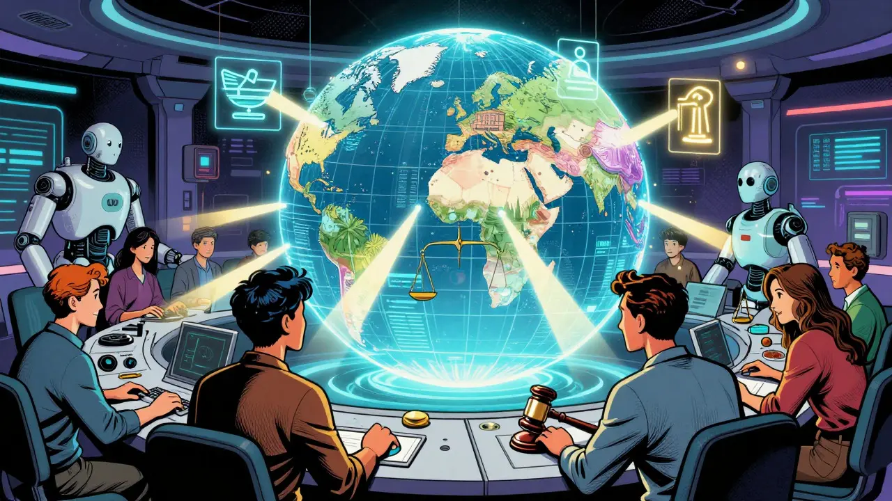 Analysts and AI managing global crypto regulations in a comic scene