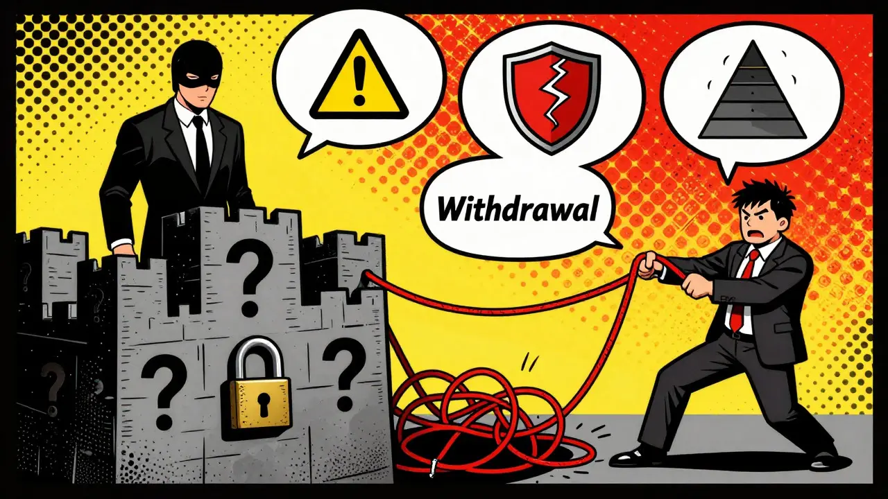 Anonymous exchange figure vs frustrated investor with tangled withdrawal string