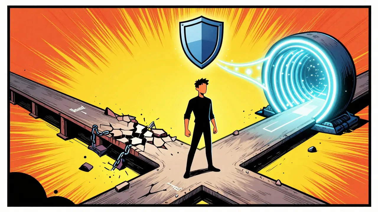 Character choosing between a broken bridge and a secure, glowing tunnel representing future blockchain tech
