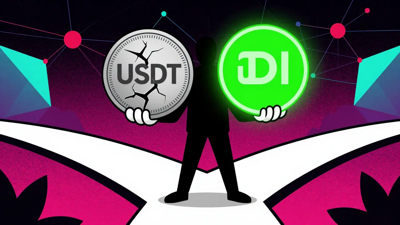 Character choosing between a broken coin and a glowing green digital asset
