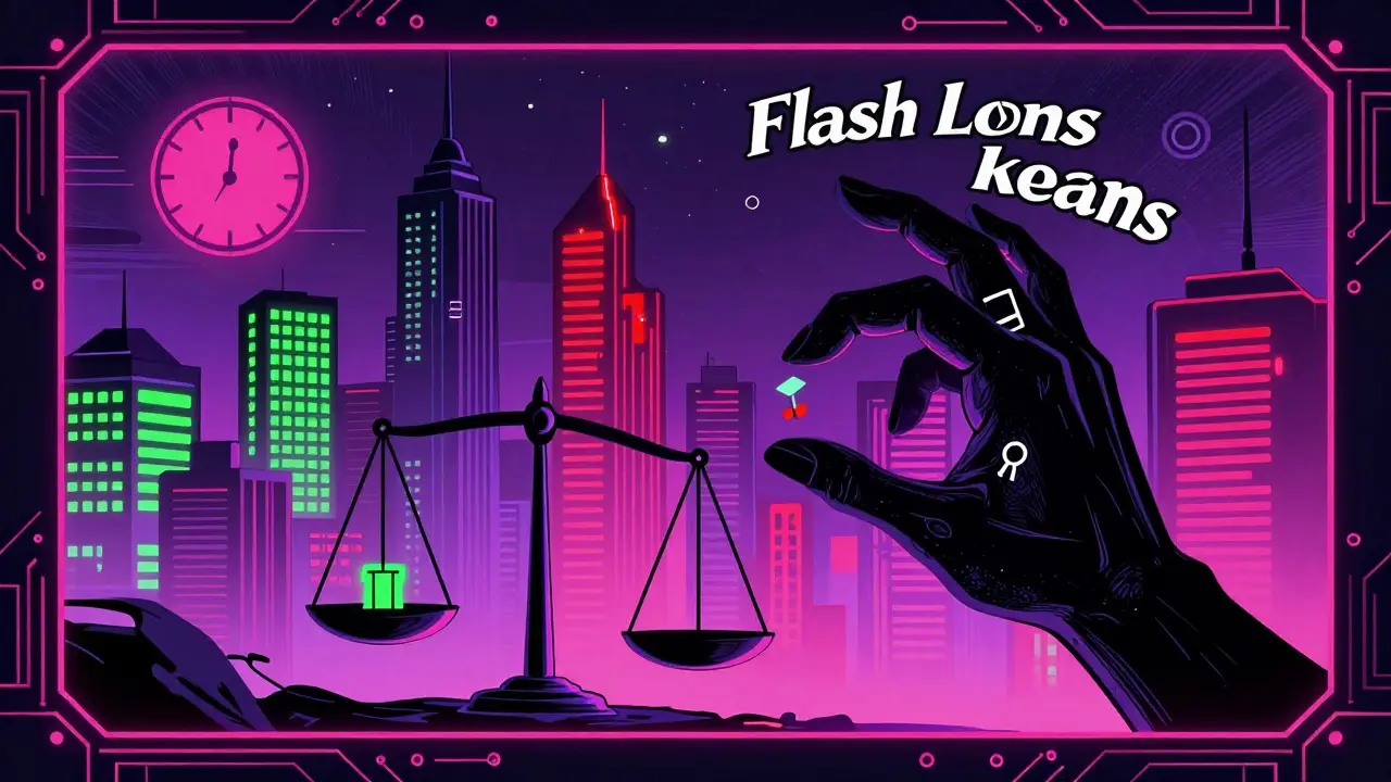 Comic art depicting a shadowy hand manipulating market scales amidst a futuristic blockchain city