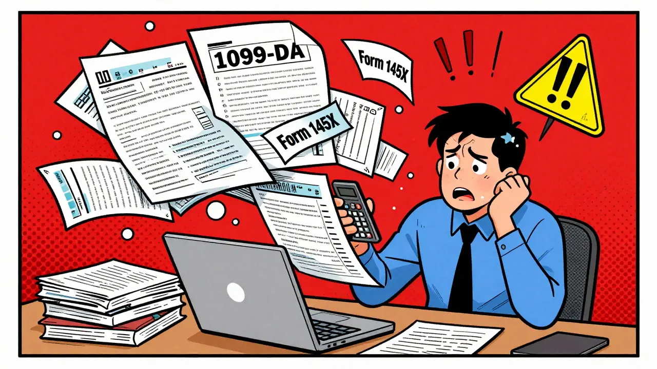 Comic art: Person overwhelmed by new 1099-DA tax forms and compliance rules