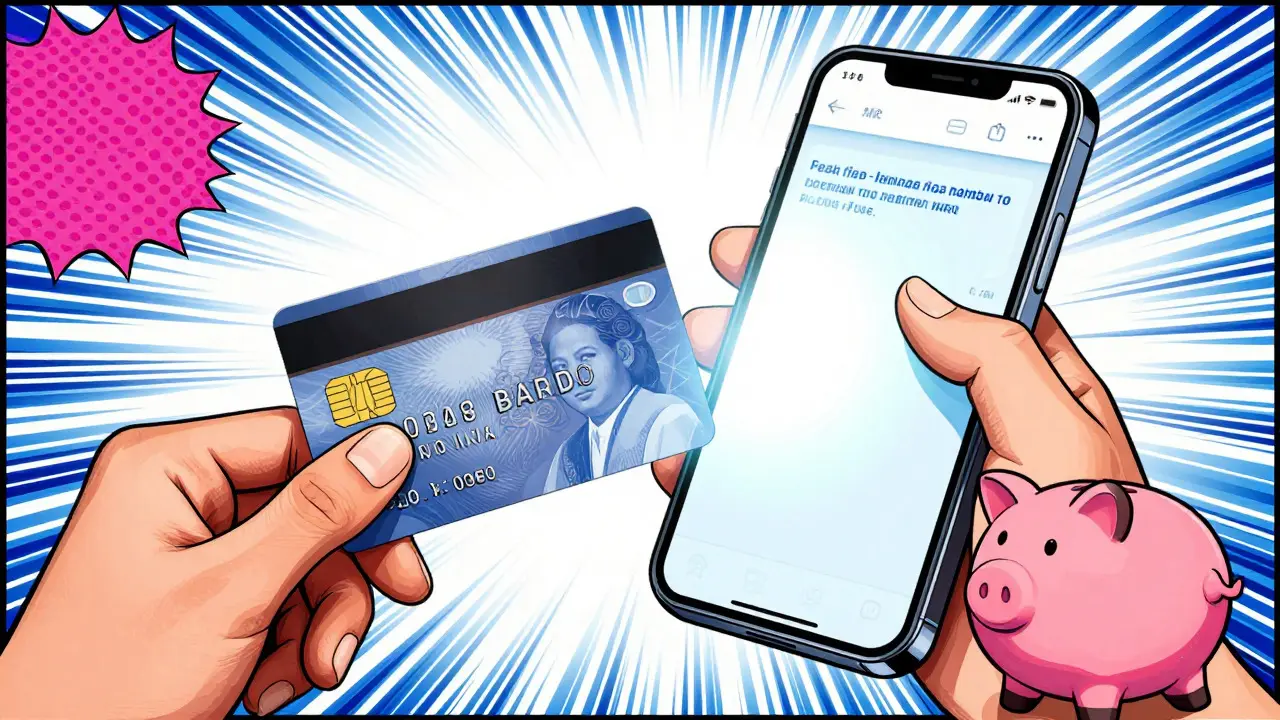 Comic book art of a hand holding a bank card and phone indicating free withdrawal