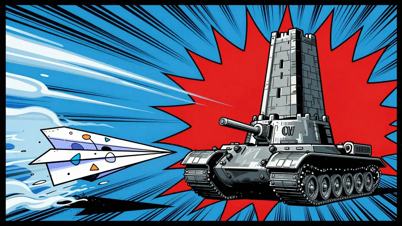 Comic book illustration contrasting a fragile paper plane with a sturdy fortress