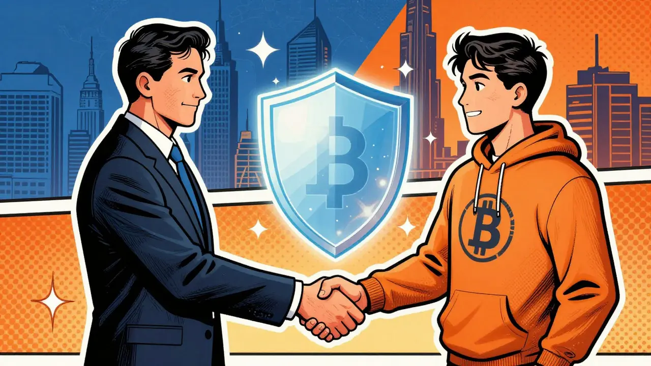 Comic book style image of a handshake between an investor and a crypto founder