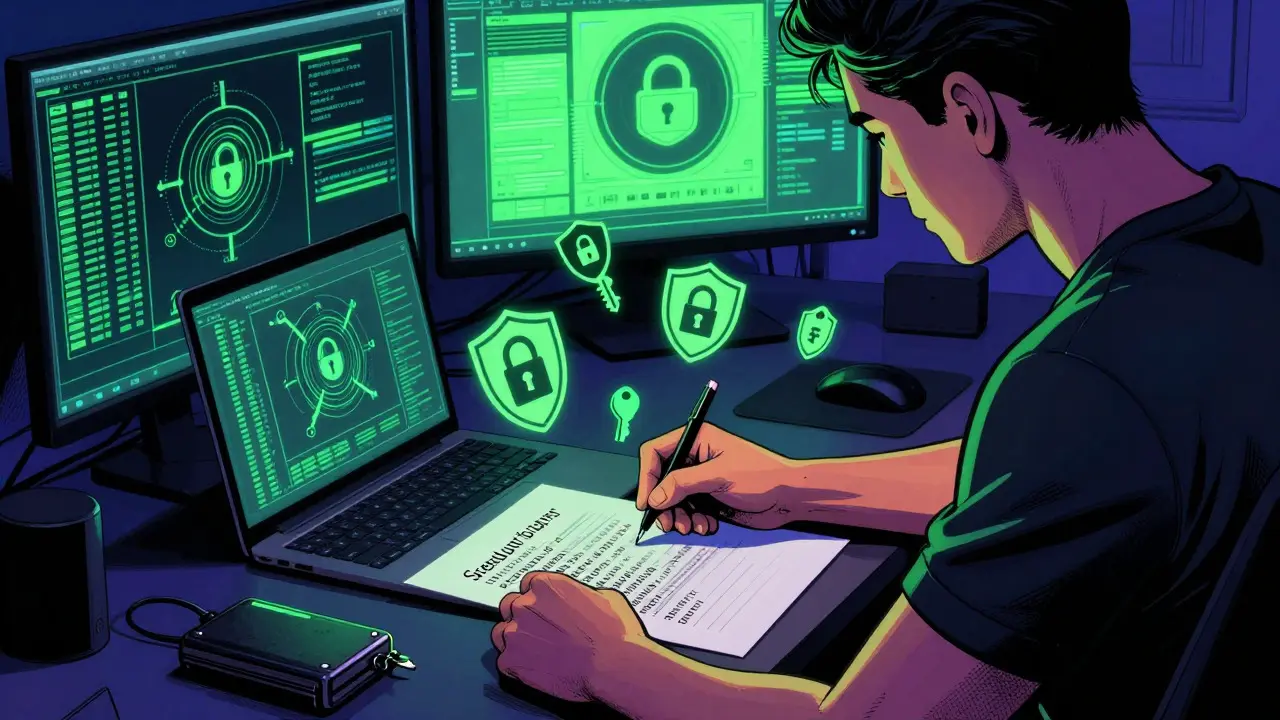 Comic book style image of a user securely writing down a crypto wallet recovery phrase
