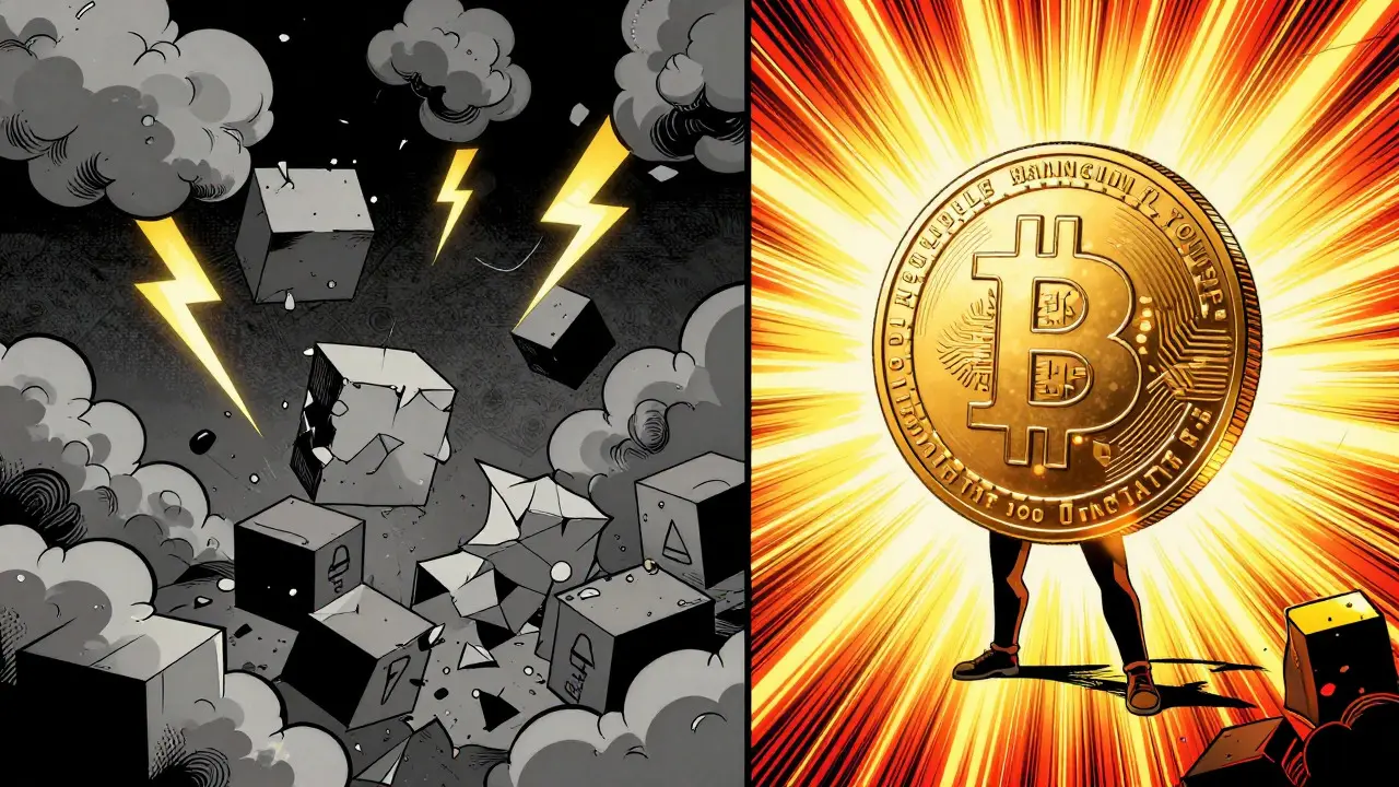 Comic split-screen contrasting chaotic crypto clouds with a bright, stable digital currency
