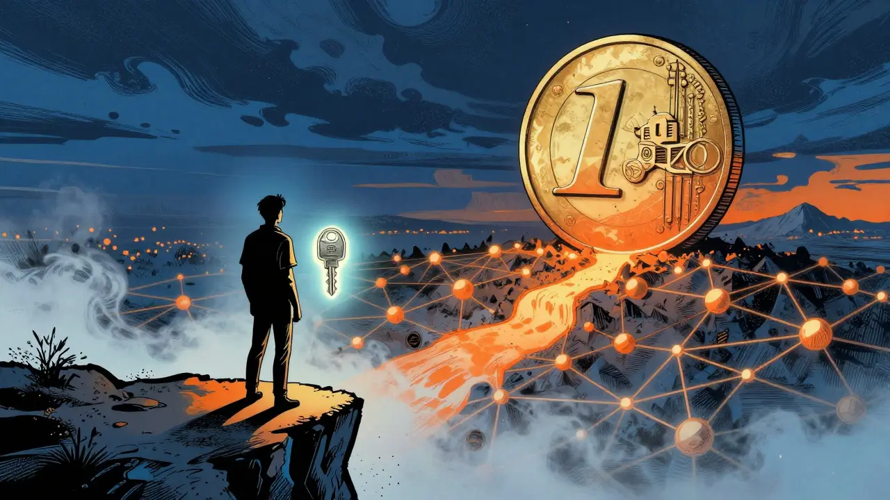 Comic style figure holding a wallet key looking toward a stable Euro mountain