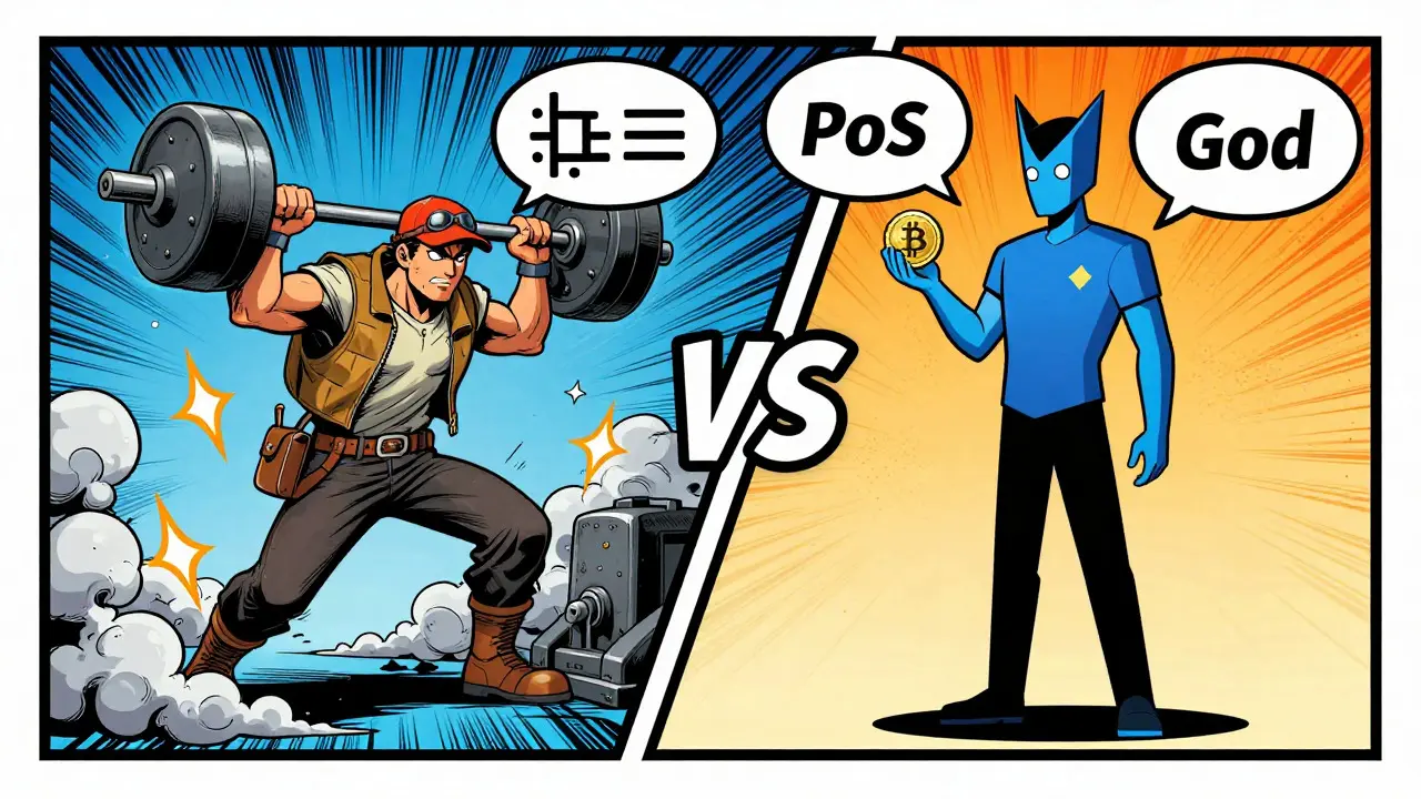 Comic style illustration comparing Bitcoin mining effort with Bitcoin God's stake efficiency.