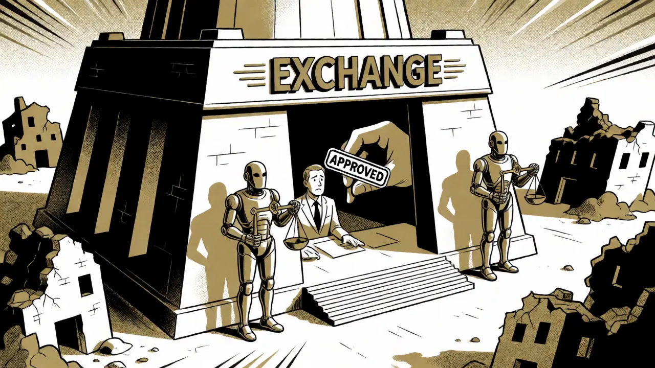 Comic style illustration of a fortified crypto exchange guarding against smaller competitors.