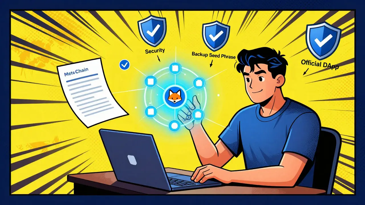 Comic style illustration of secure wallet setup process