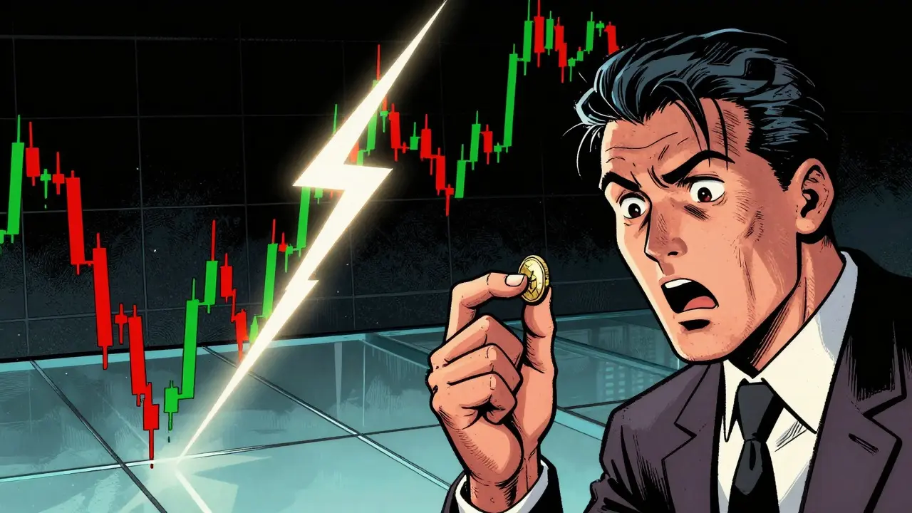 Comic style investor shocked by crashing volatile crypto chart