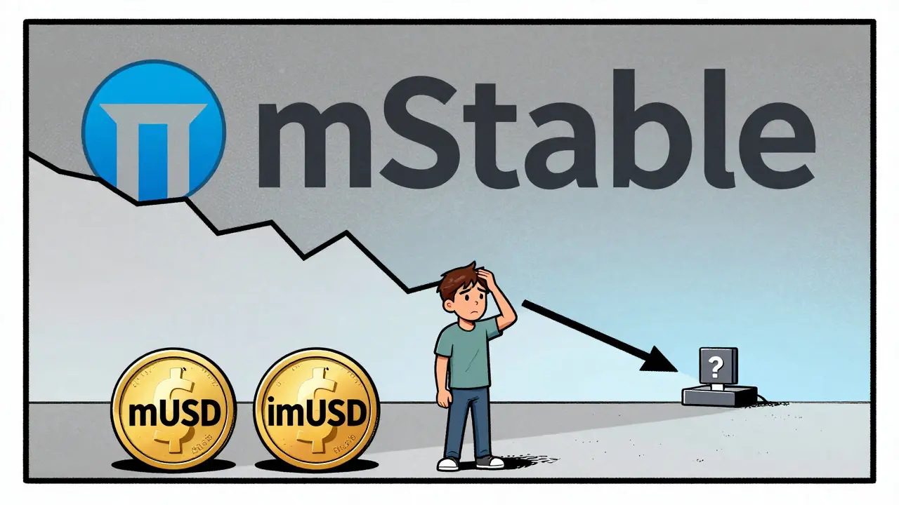 Confused user facing mUSD vs imUSD confusion with declining metrics in pop art.