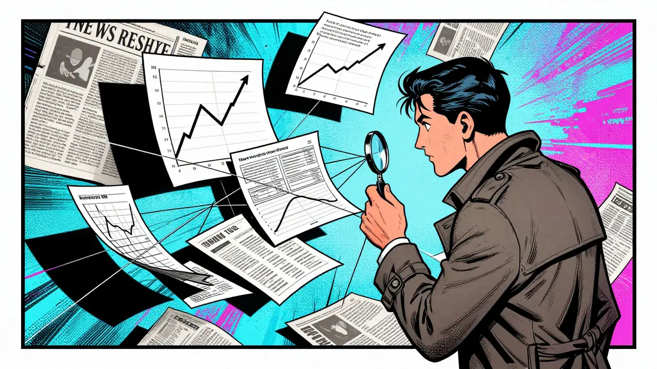 Detective analyzing confusing crypto charts with magnifying glass in comic style