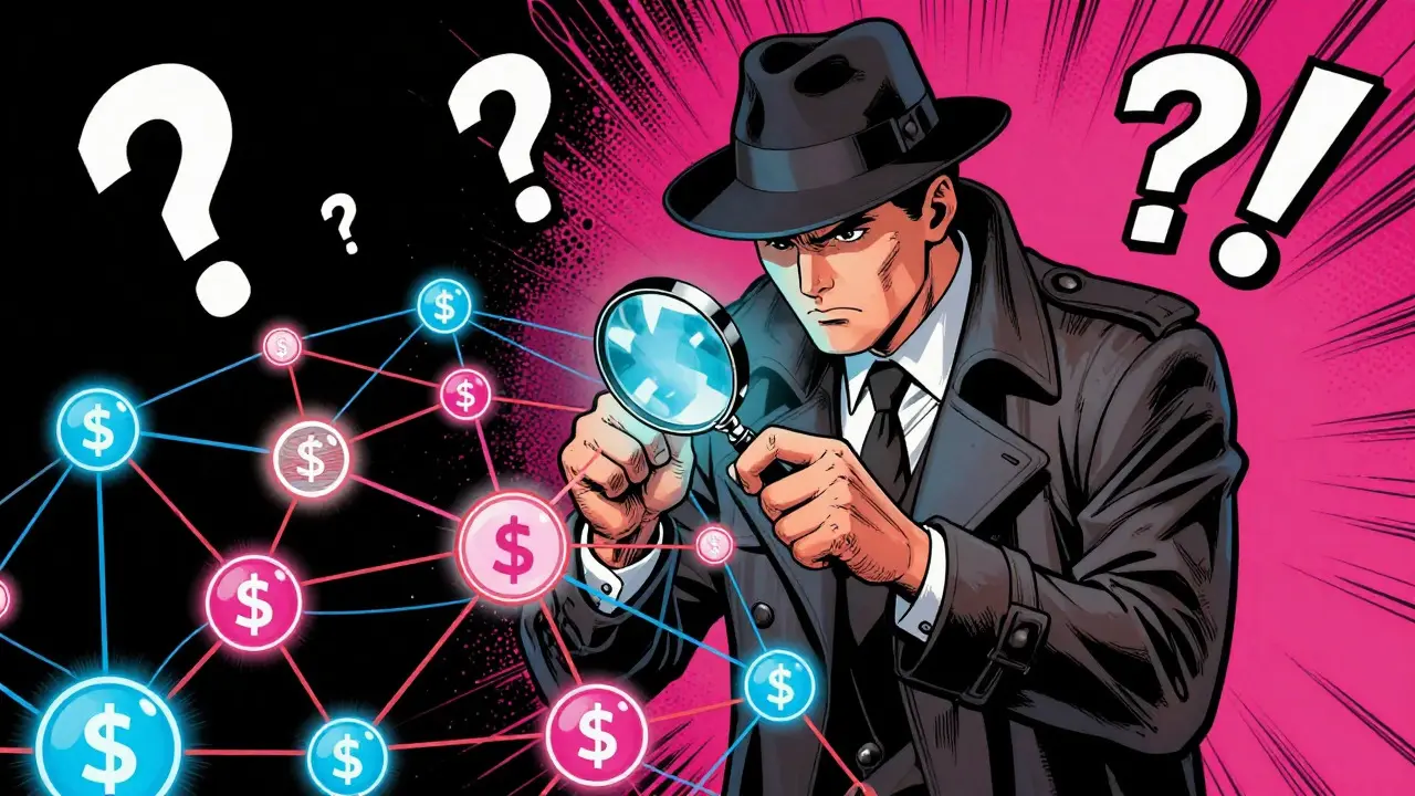 Detective examining a complex web of blockchain connections