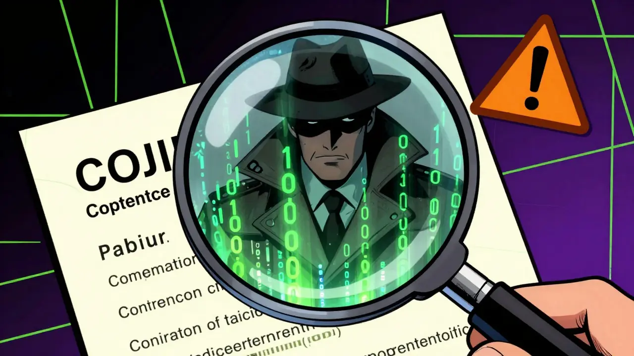 Detective examining digital code with a magnifying glass in pop art style