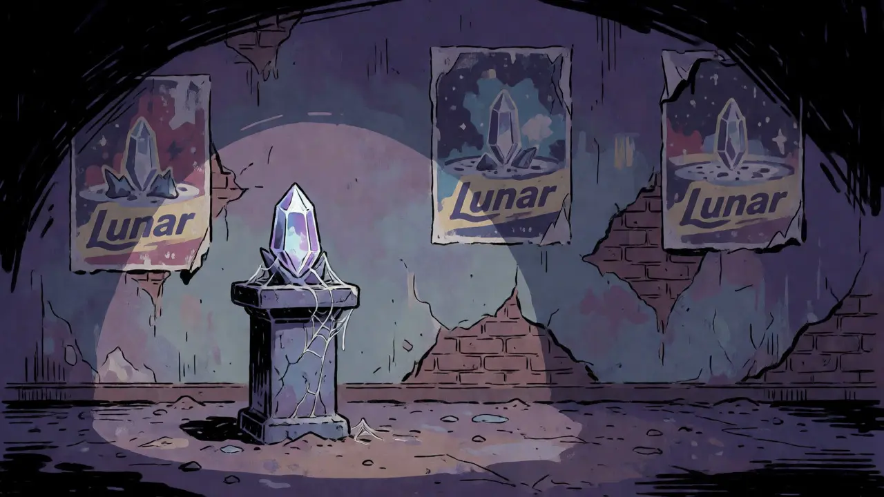 Dull, cracked crystal on an abandoned pedestal symbolizing the defunct Lunar project.