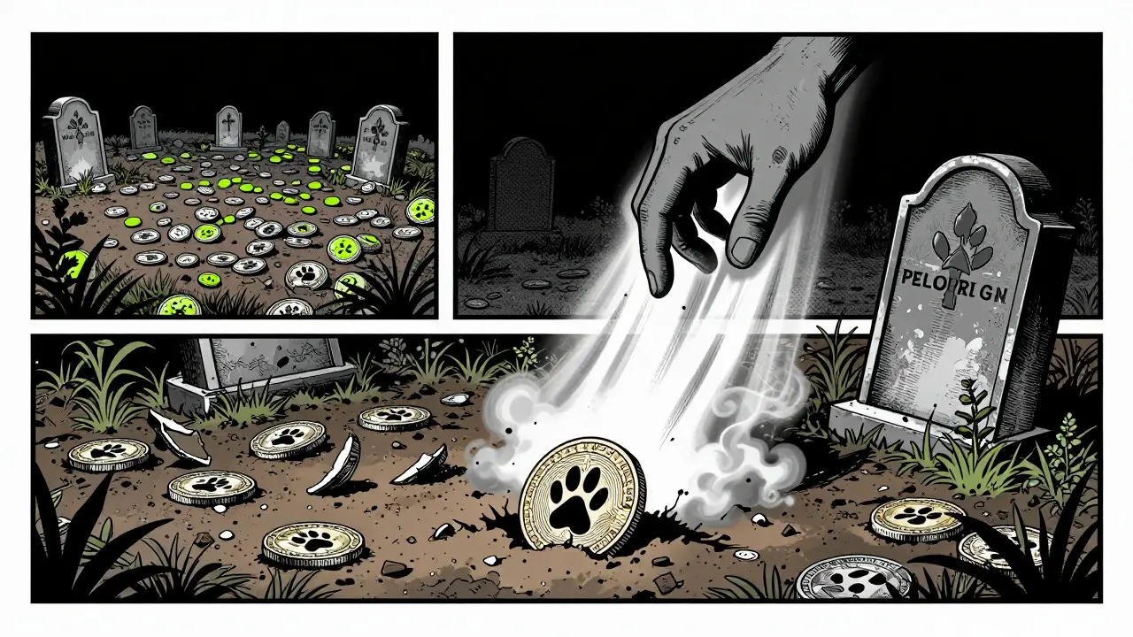 Graveyard of broken crypto coins illustrating failed projects in pop art