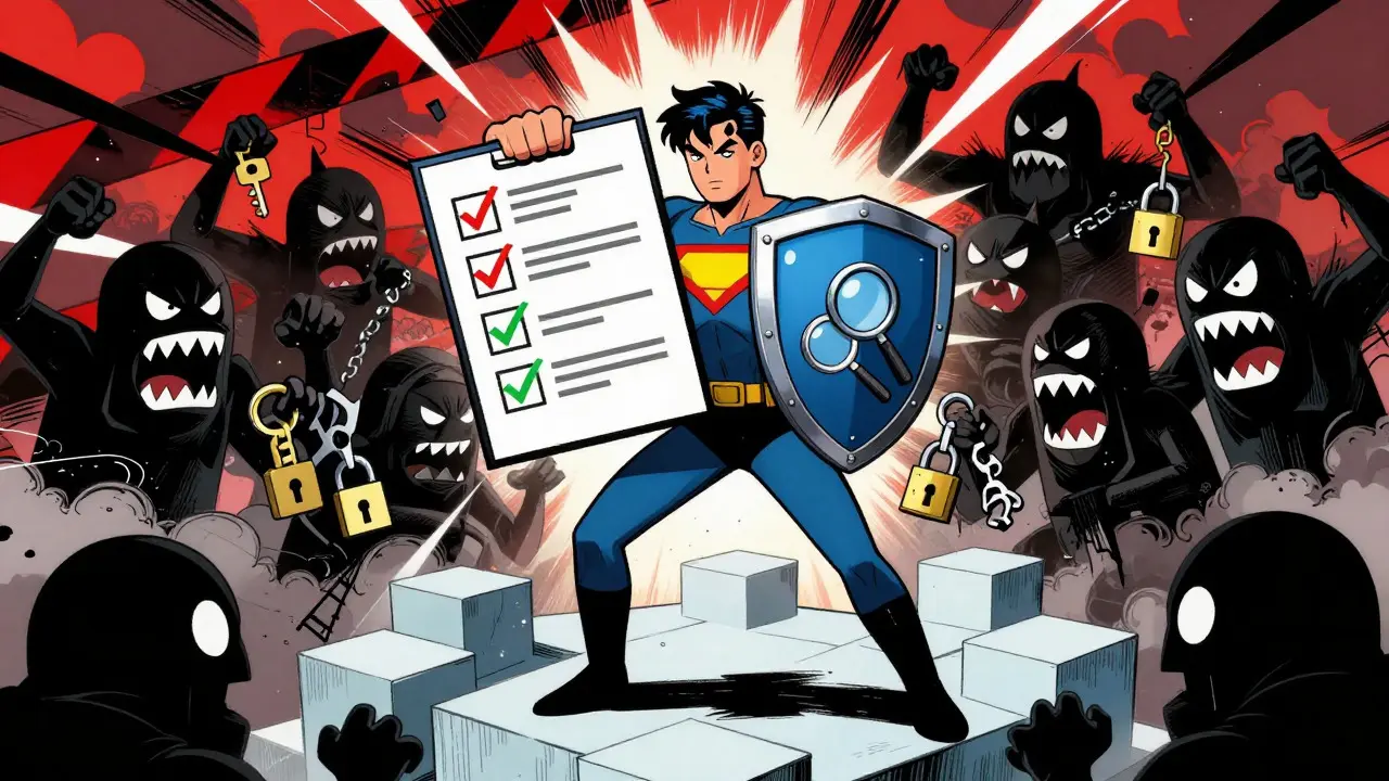 Heroic user shielding wallet from scam monsters using a verification checklist in comic art