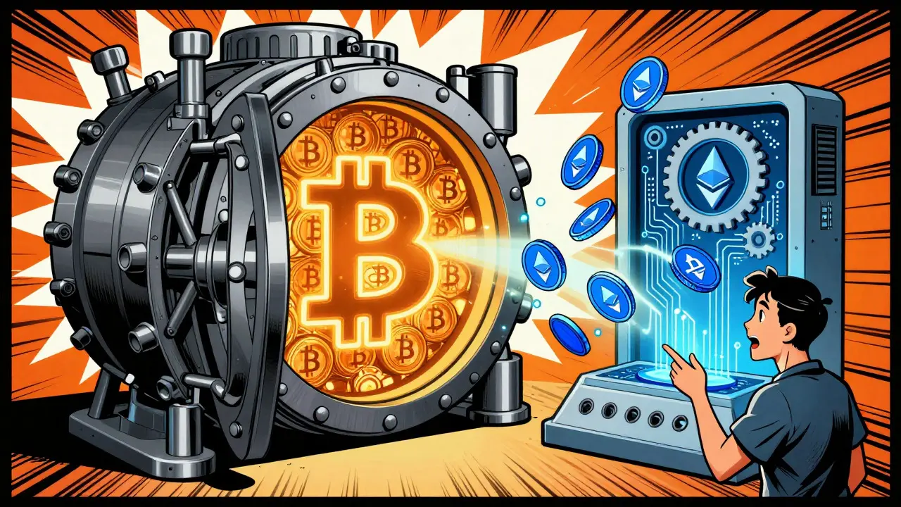 Illustration of a mechanical vault releasing wrapped tokens to a user via a smart contract machine