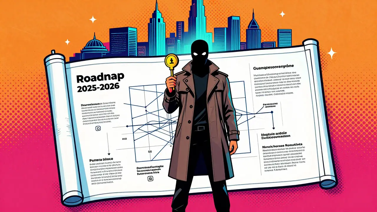 Mysterious dev holding roadmap key against cyber city