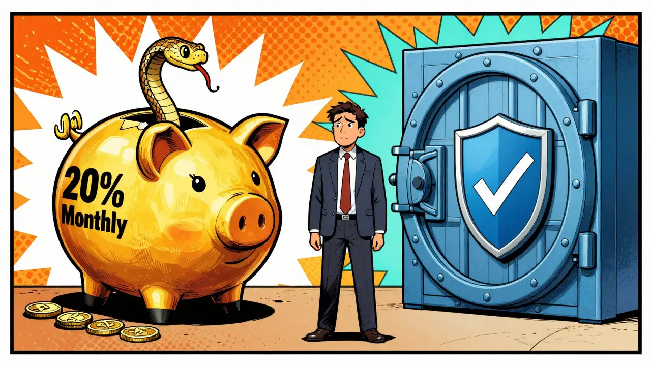 Novice trader choosing between risky golden piggy bank and safe blue vault
